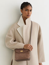 Next Reiss Taupe Brea Suede and Leather Crossbody Bag- Buy online at McGrocer