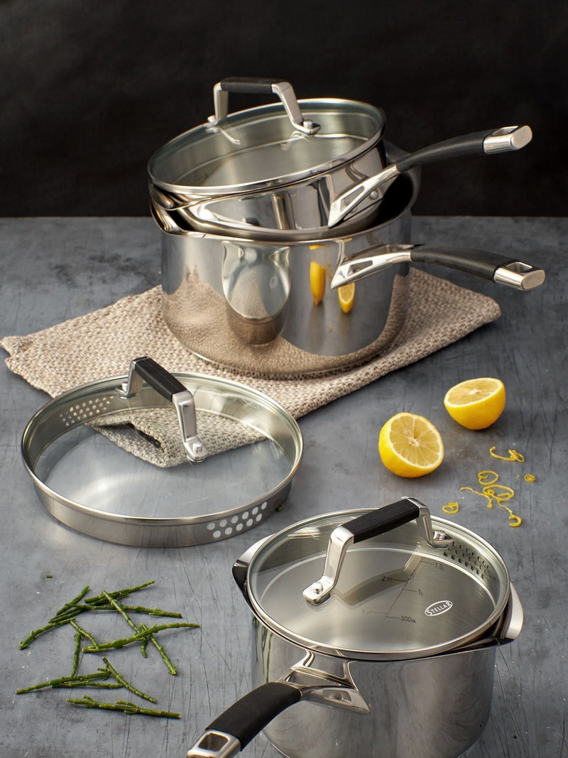 Stellar Silver Flow draining saucepan set in 16cm, 18cm, and 20cm sizes (British brand)