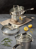 Stellar Silver Flow draining saucepan set in 16cm, 18cm, and 20cm sizes (British brand)