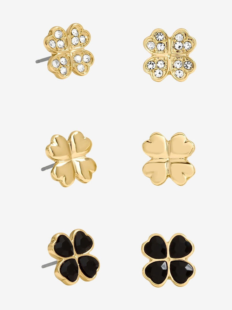 Gold Tone Jet Crystal Clover Stud Earrings Pack of 3