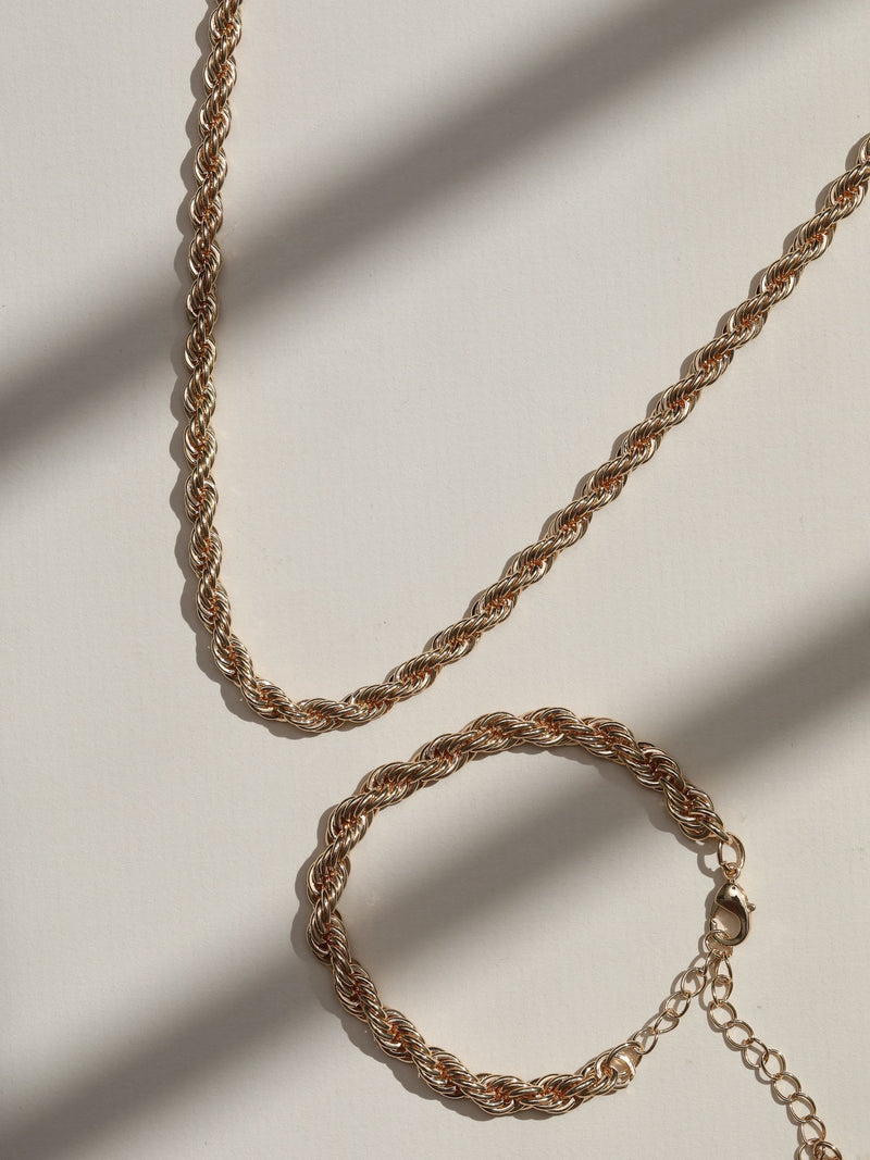 Gold Tone Twisted Rope Necklace and Bracelet Set with Lobster Clasp