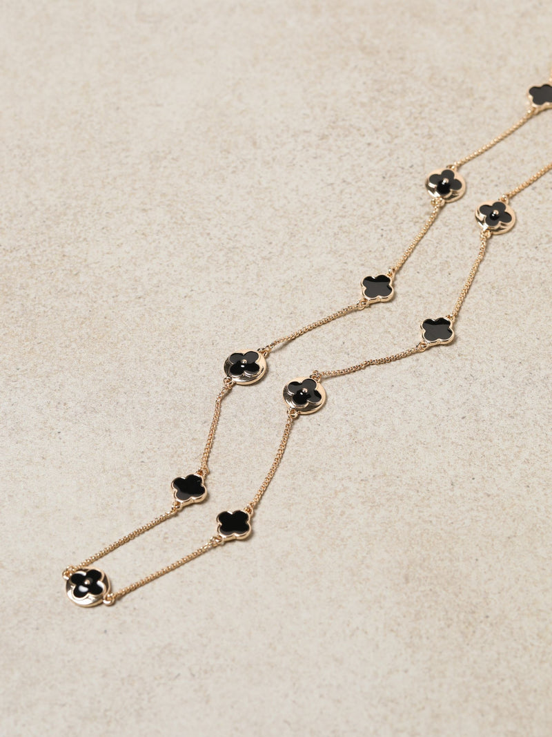 Gold Tone Jet Clover Long Necklace with Lobster Clasp