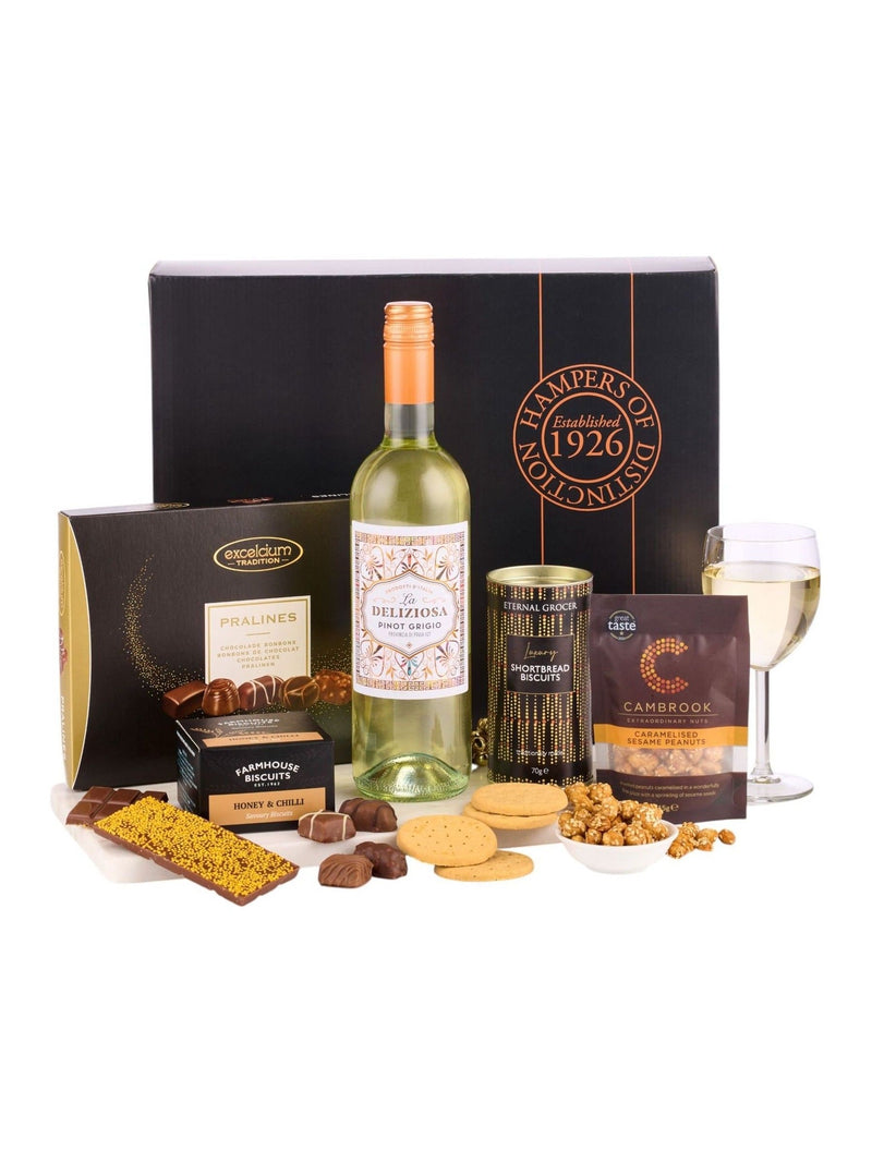 Spicers of Hythe celebration gift box with white wine and treats (British brand)
