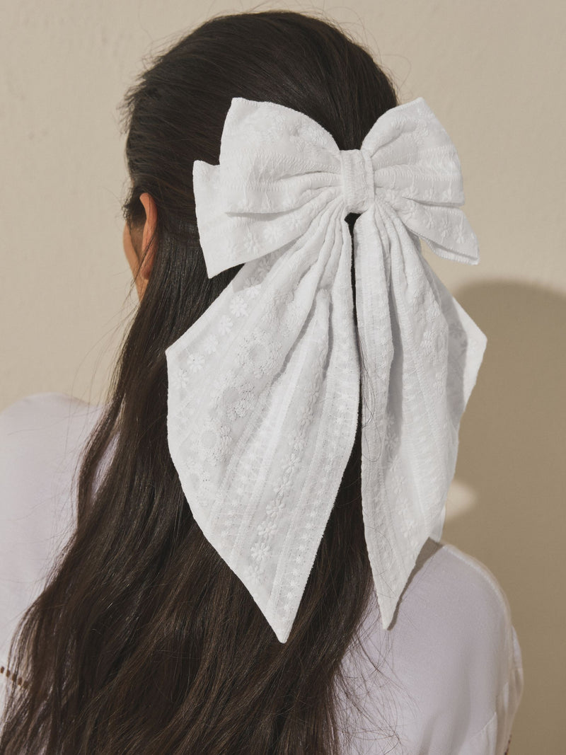 White broderie headband with large bow, UK version