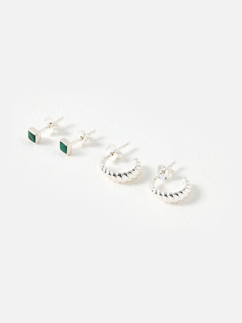 Oliver Bonas Silberfarbene Hazel Malachit-Stecker und gedrehte Creolen-Set