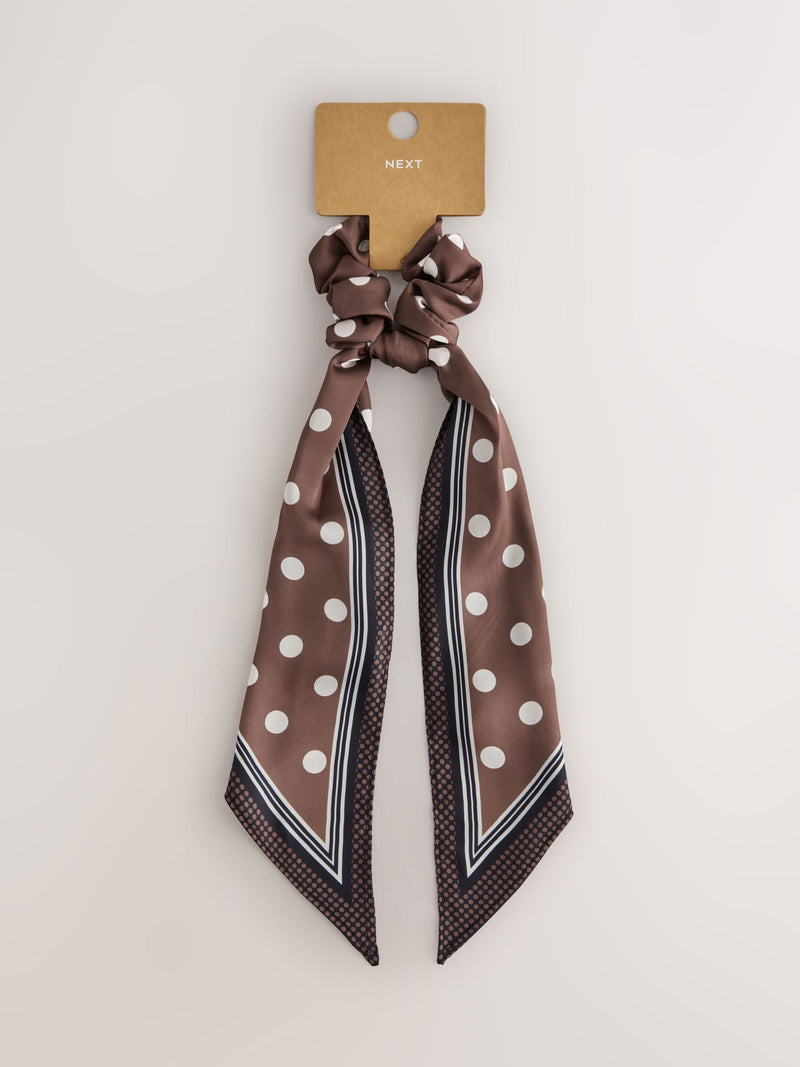 Polka dot scrunchie with tie detail in brown, UK version