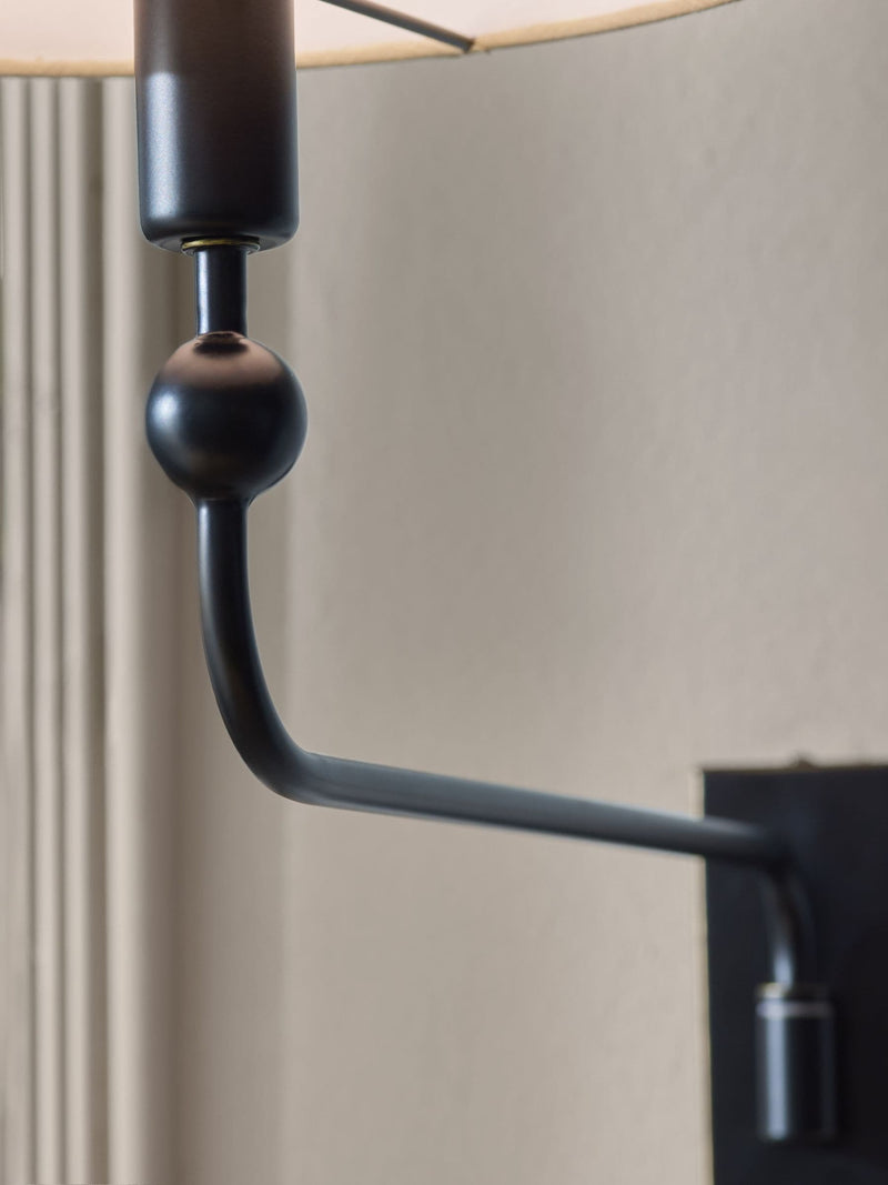 Staverton black rechargeable wall light with fabric shade, imported from the UK