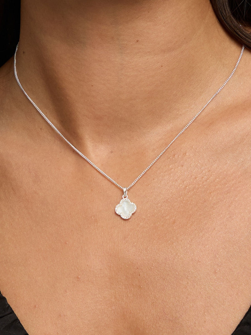Sterling Silver 925 Cubic Zirconia and Mother of Pearl Clover Pendant