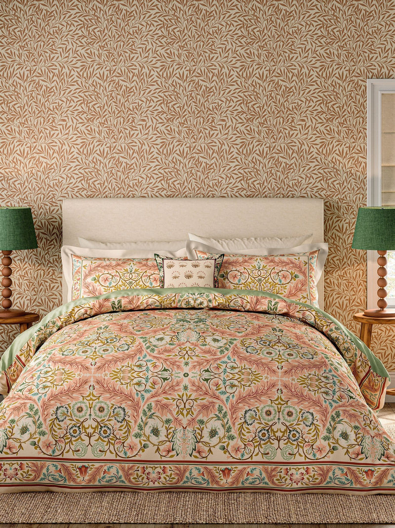 Morris & Co Earthly Paradise Rose Pale Olive duvet set, imported from the UK