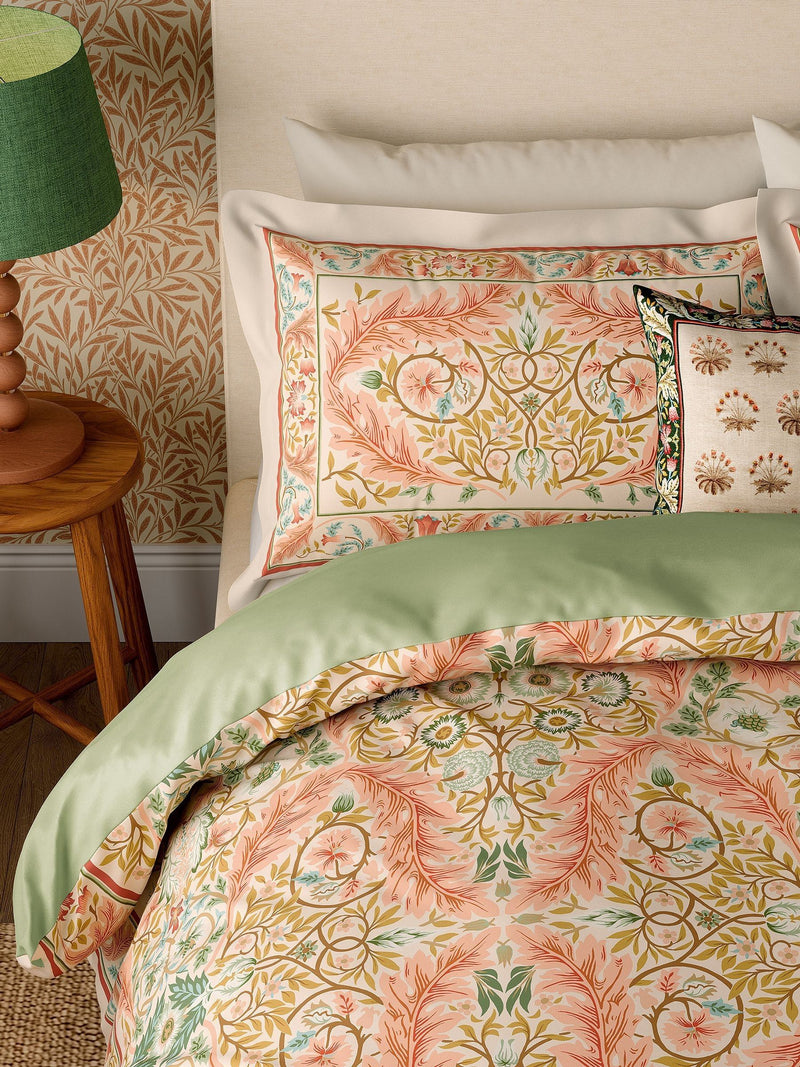 Morris & Co Earthly Paradise Rose Pale Olive duvet set, imported from the UK