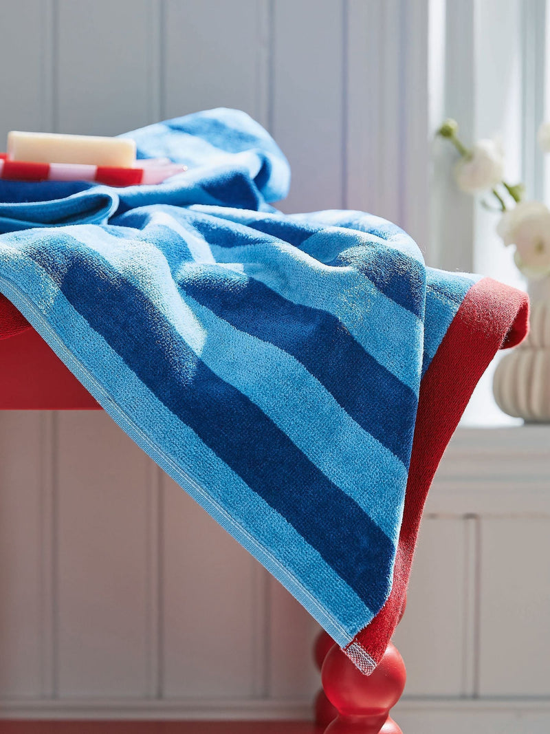 Land & Shore blue and red stripe towel, UK version