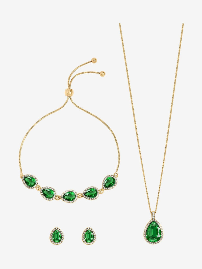 Gold Plated Emerald Pear Drop Trio Earring Set with 16 Inch Chain