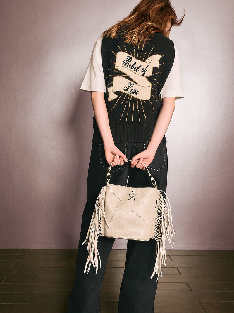 Rockett St George stone star studded tassel PU bucket bag, UK version