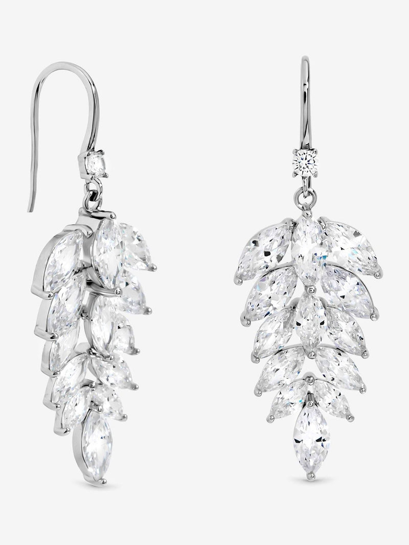Rhodium Plated Fishhook Leaf Drop Earrings 40mm