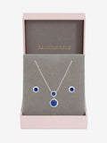 Rhodium Plated Cubic Zirconia Double Halo Sapphire Drop Earring Set with Gift Box