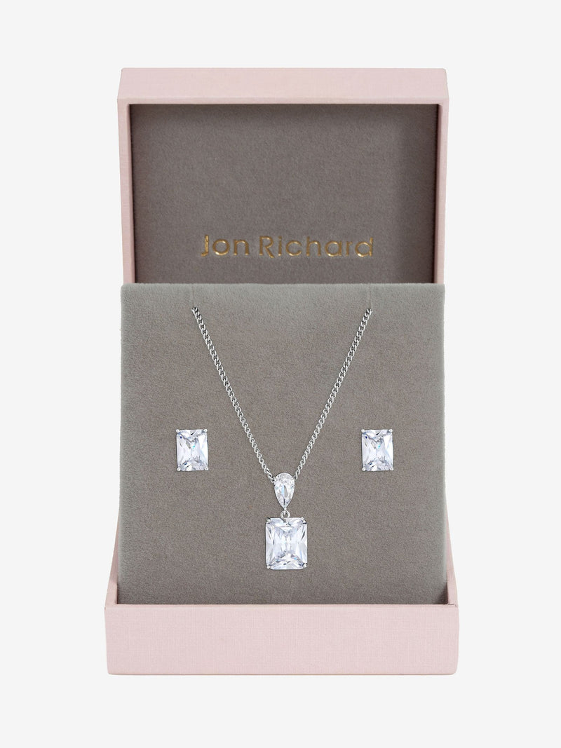 Rhodium Plated Crystal Open Stone Pendant Set with Chain and Extender