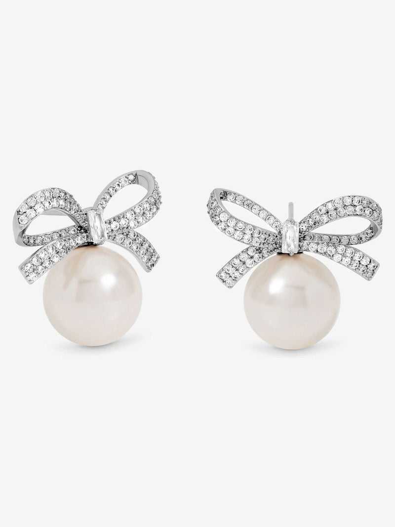 Crystal Bow and Pearl Earrings with Rhodium Plating, 20mm Length