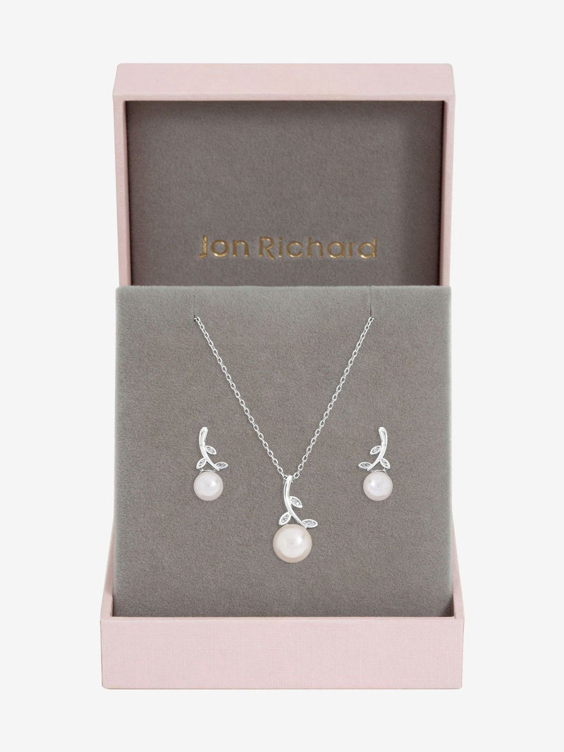 Rhodium Plated Crystal Leaf and Pearl Drop Jewellery Set with Gift Box