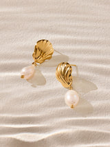 Next Gold Tone Waterproof Stainless Steel Shell Pearl Drop Earrings- Buy online at McGrocer