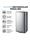 Tower stainless steel rectangular pedal bin 40L, UK version