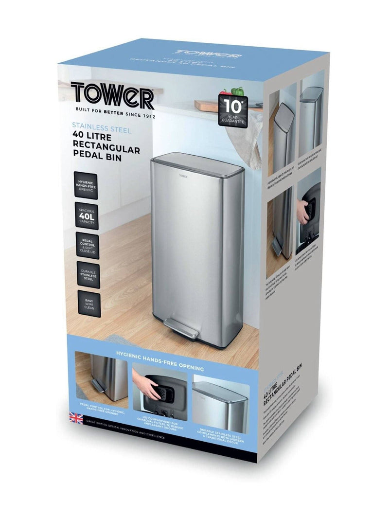 Tower stainless steel rectangular pedal bin 40L, UK version