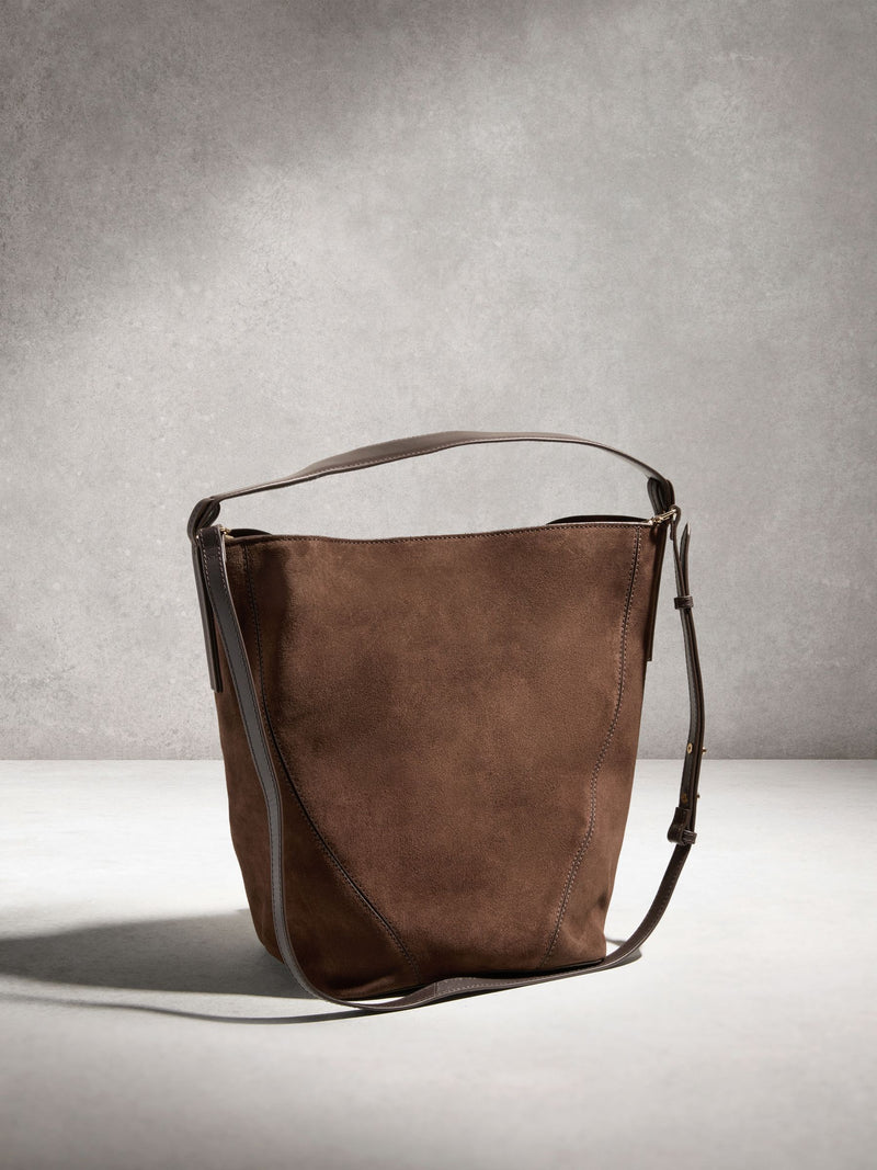 N.Premium chocolate brown suede bucket bag - British product