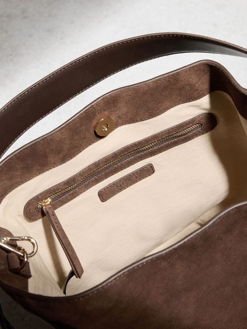 N.Premium chocolate brown suede bucket bag - British product