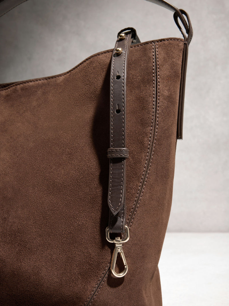 N.Premium chocolate brown suede bucket bag - British product