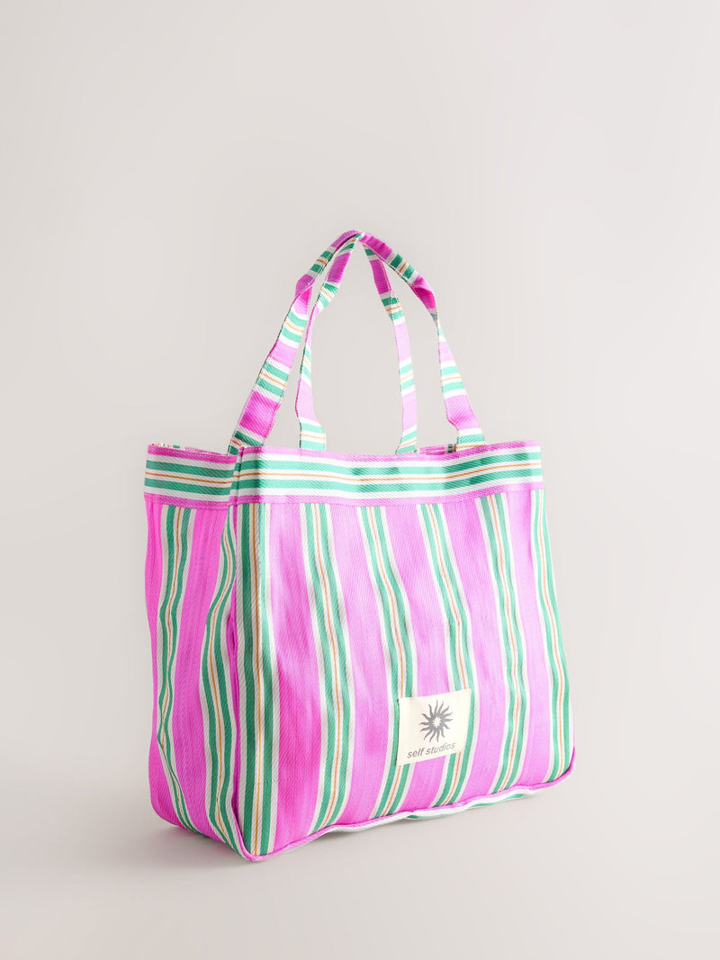 self. pink and green stripe tote bag, UK version