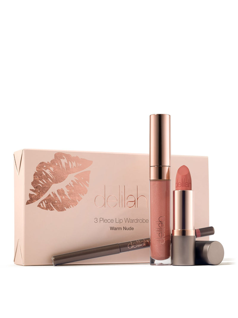 Delilah 3 piece lip wardrobe with liner, lipstick, and gloss - British product