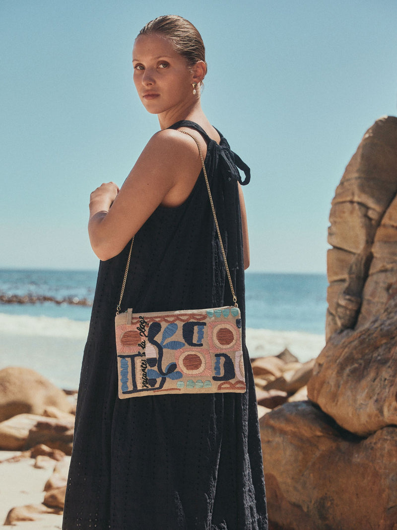 Natural Marrakesh embroidered clutch bag in jute and cotton - British product