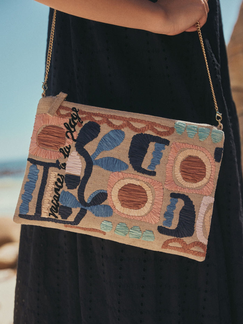 Natural Marrakesh embroidered clutch bag in jute and cotton - British product