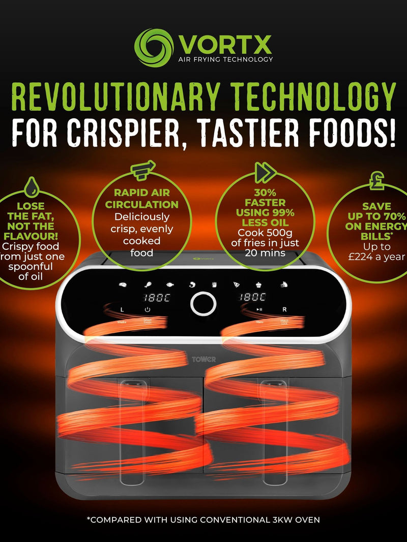 Tower Graphite 8L Dual Basket Air Fryer, imported from the UK