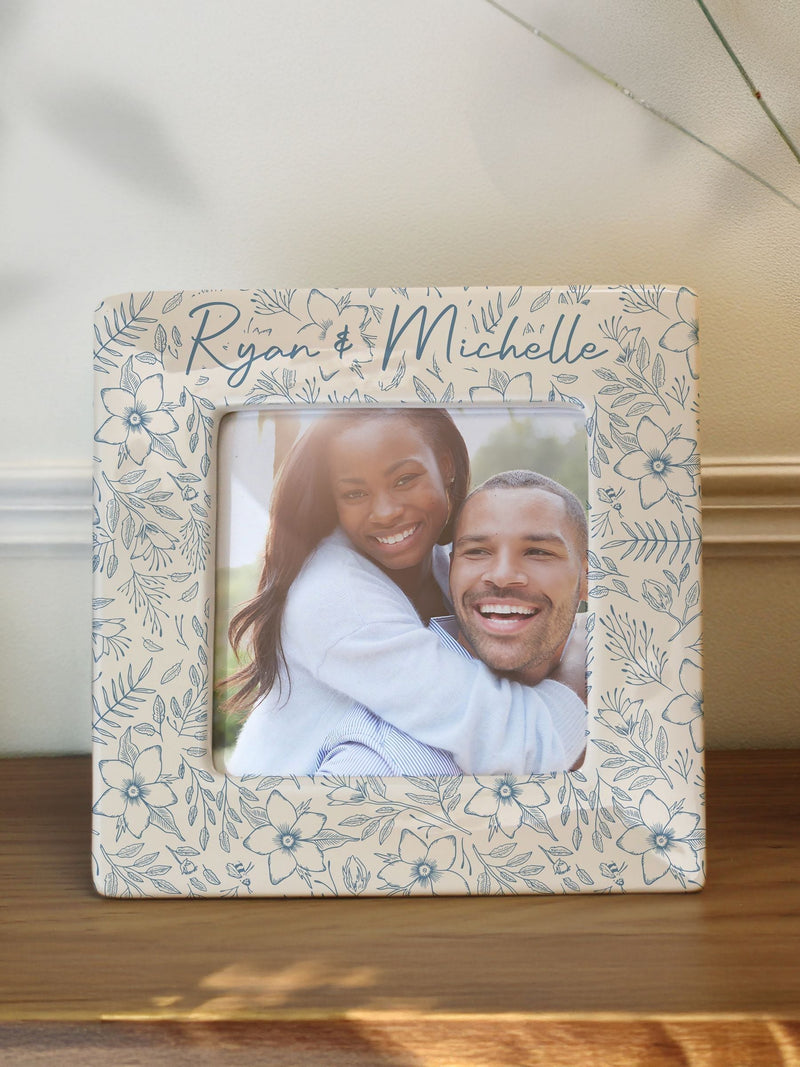 PMC blue floral ceramic 4x4 photo frame, imported from the UK
