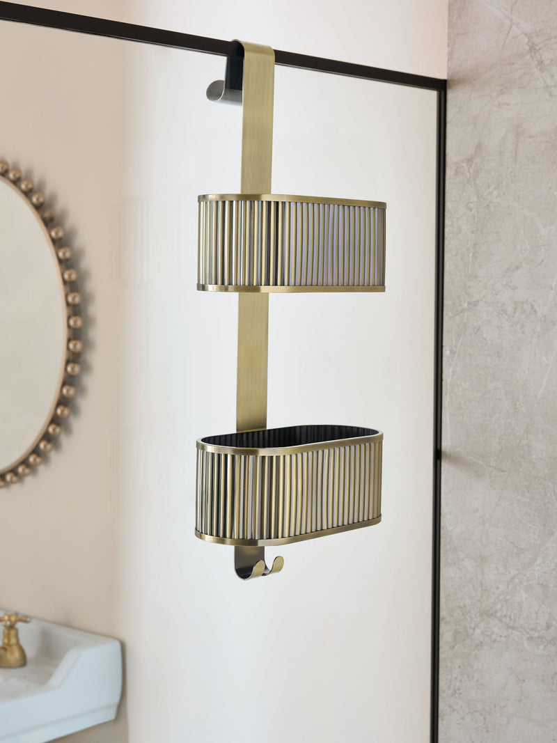 Gold ribbed shower caddy made from iron, imported from the UK