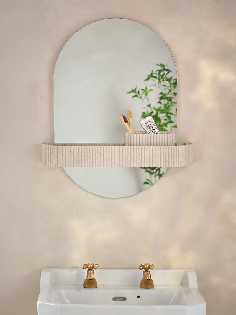 Cream ribbed bathroom mirror with shelf 65cm, UK version