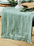 Made Yours Green personalised linen table runner in rosemary green, UK version