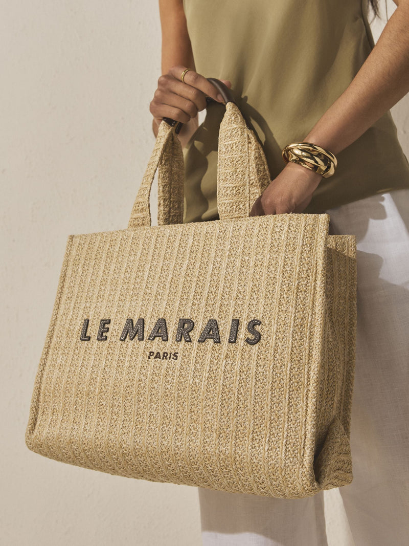 Canvas shoulder bag with raffia effect and Parisian embroidery (British brand)