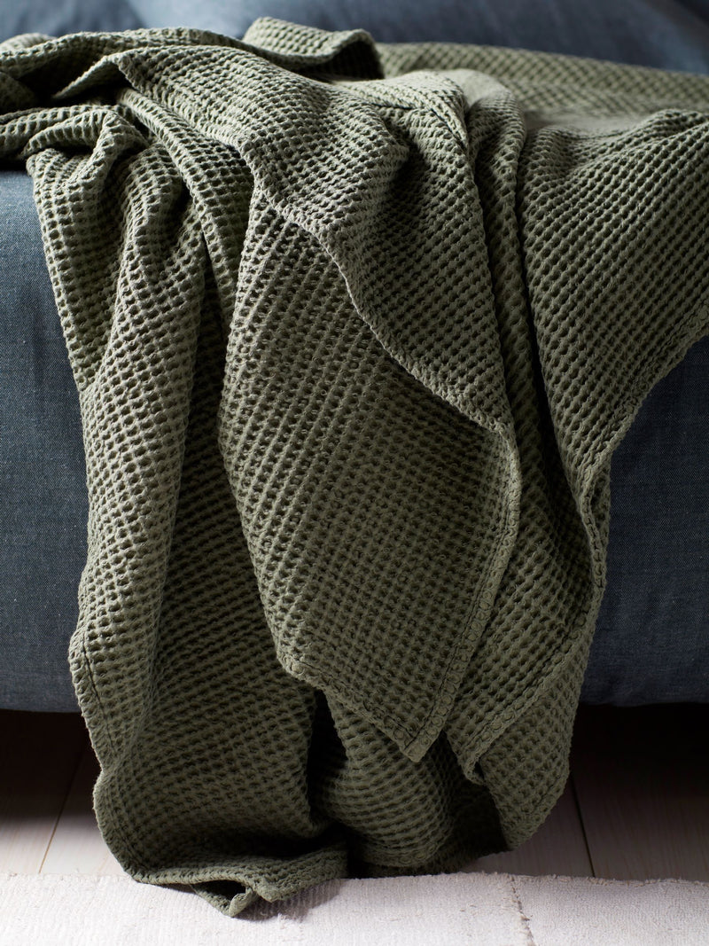 Secret Linen Store big waffle throw olive green (British brand)