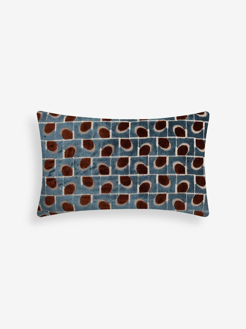 cut velvet geometric cushion blue brown 50x30cm, imported from the UK