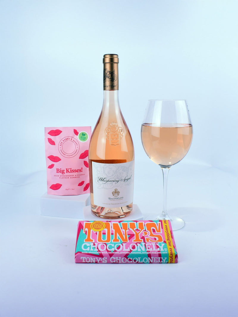 Spicers of Hythe Whispering Angel Rosé gift set with chocolate and sweets, UK version
