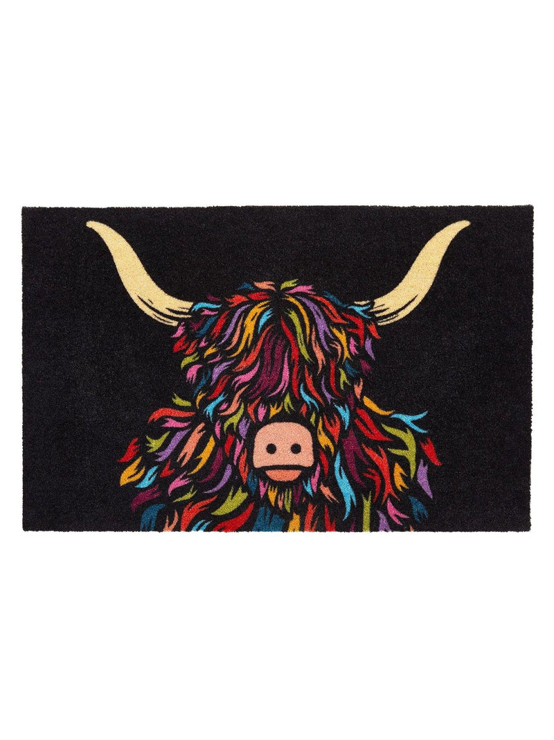 Artsy Mats black Highland cow washable doormat 60x40cm, UK version