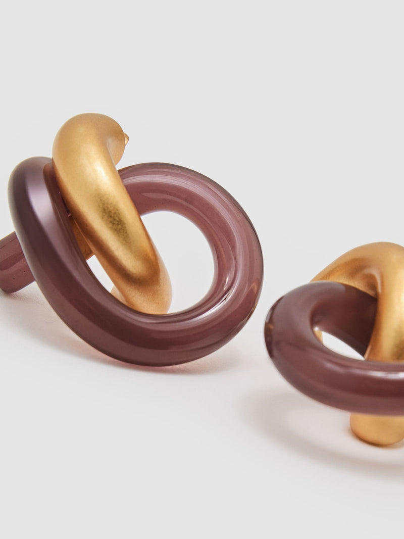 Reiss Pixie Knot earrings in gold and burgundy - British product