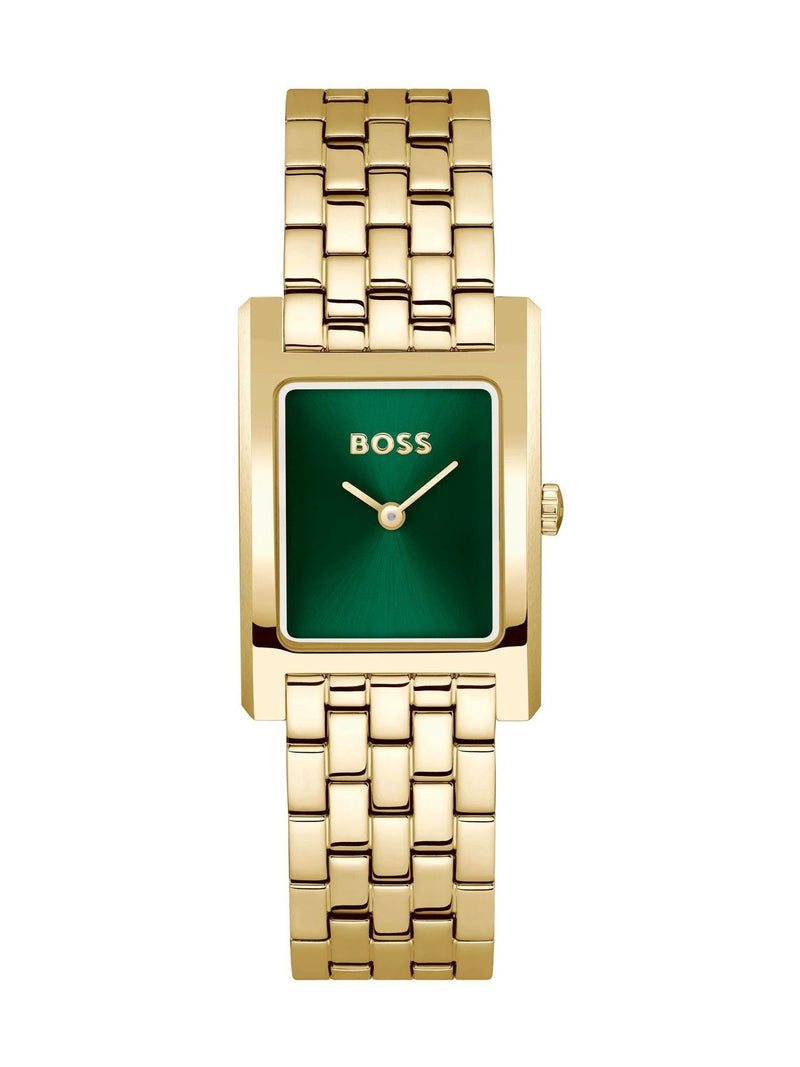 BOSS gold tone tank watch with green dial, imported from the UK