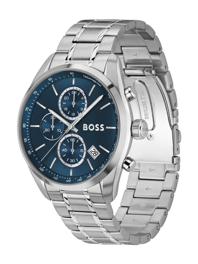 BOSS Grand Prix 44 watch with blue dial and steel bracelet, imported from the UK