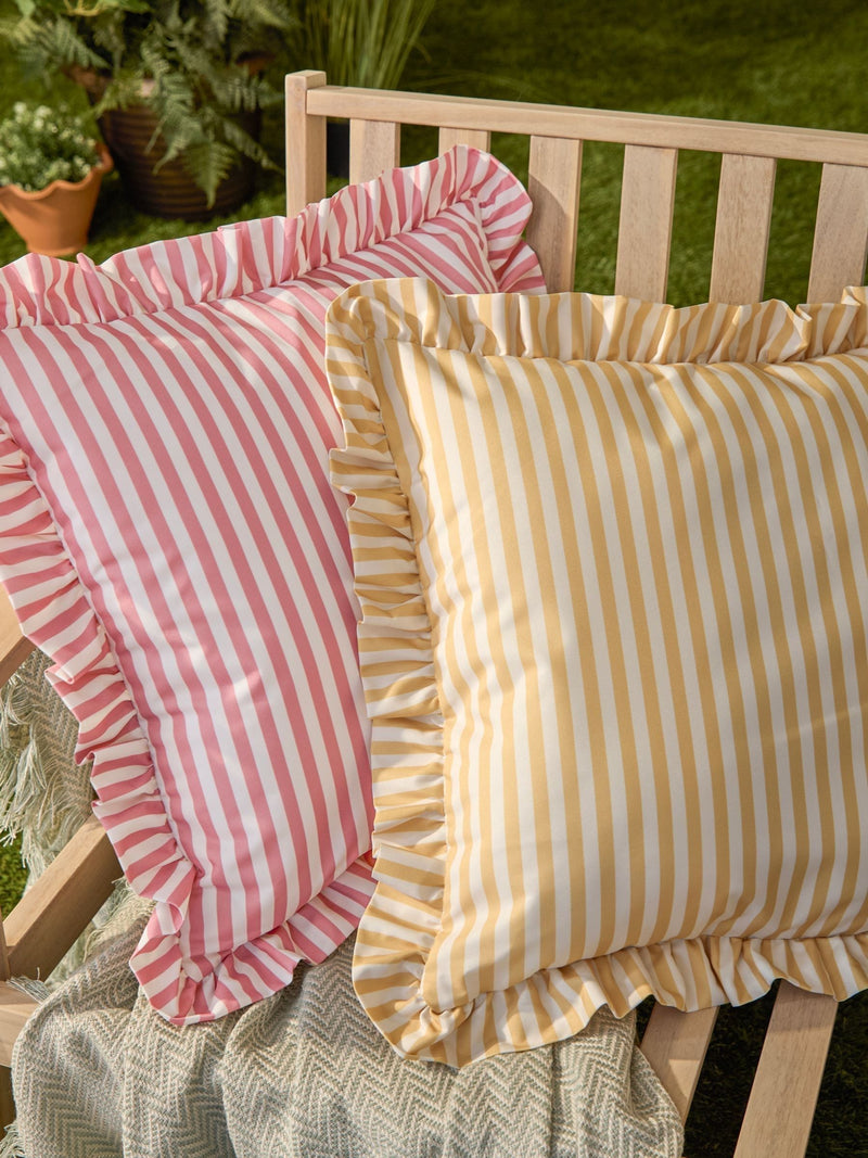 Wylder Pink Millie ruffle striped outdoor cushion 50x50cm, UK version