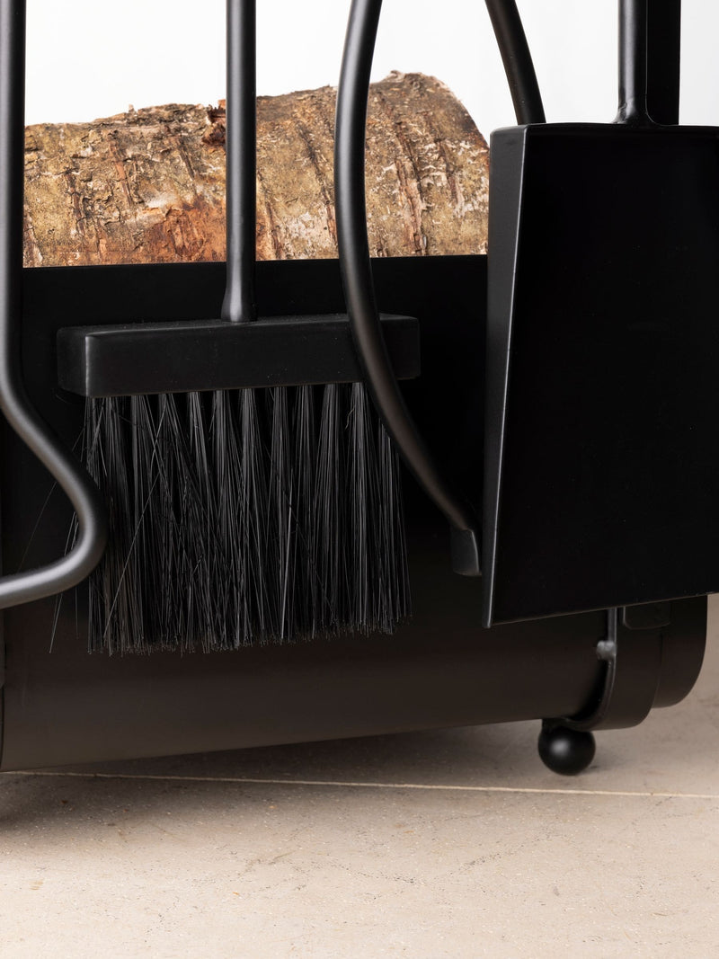 Snug black hazel log holder and fireside companion set (British brand)