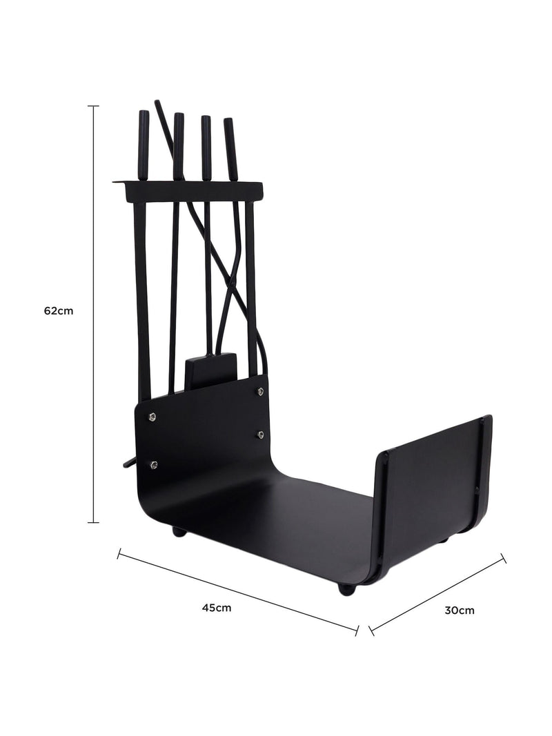 Snug black hazel log holder and fireside companion set (British brand)