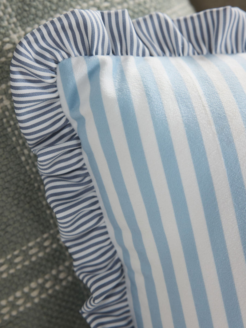 Light blue 3D stripe frill bow cushion (British brand)