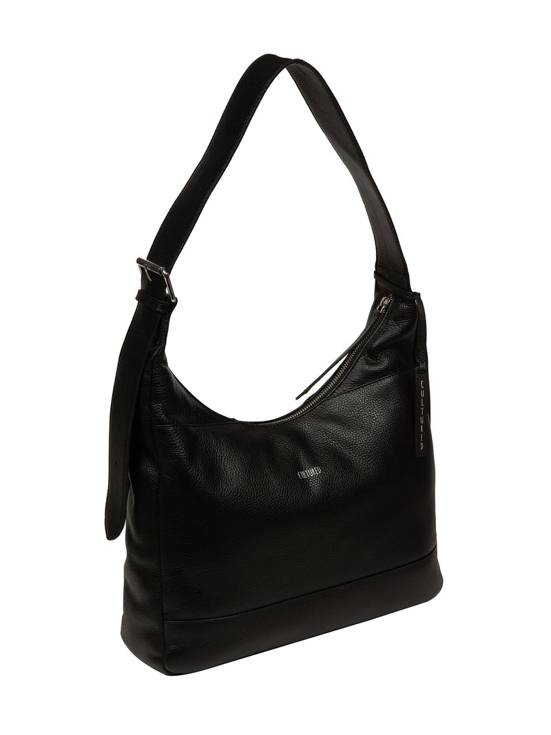 Cultured London black leather shoulder bag with silver fittings - British product